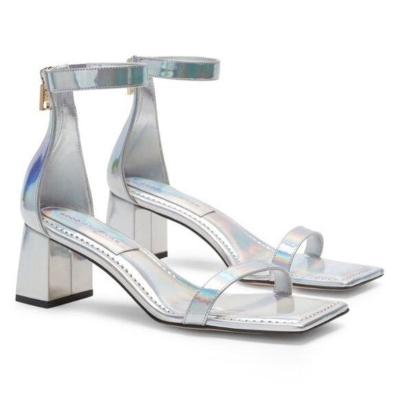 Good American Silver Block Heel Square Toe Sandals in Silver 7.5 - Picture 1 of 11